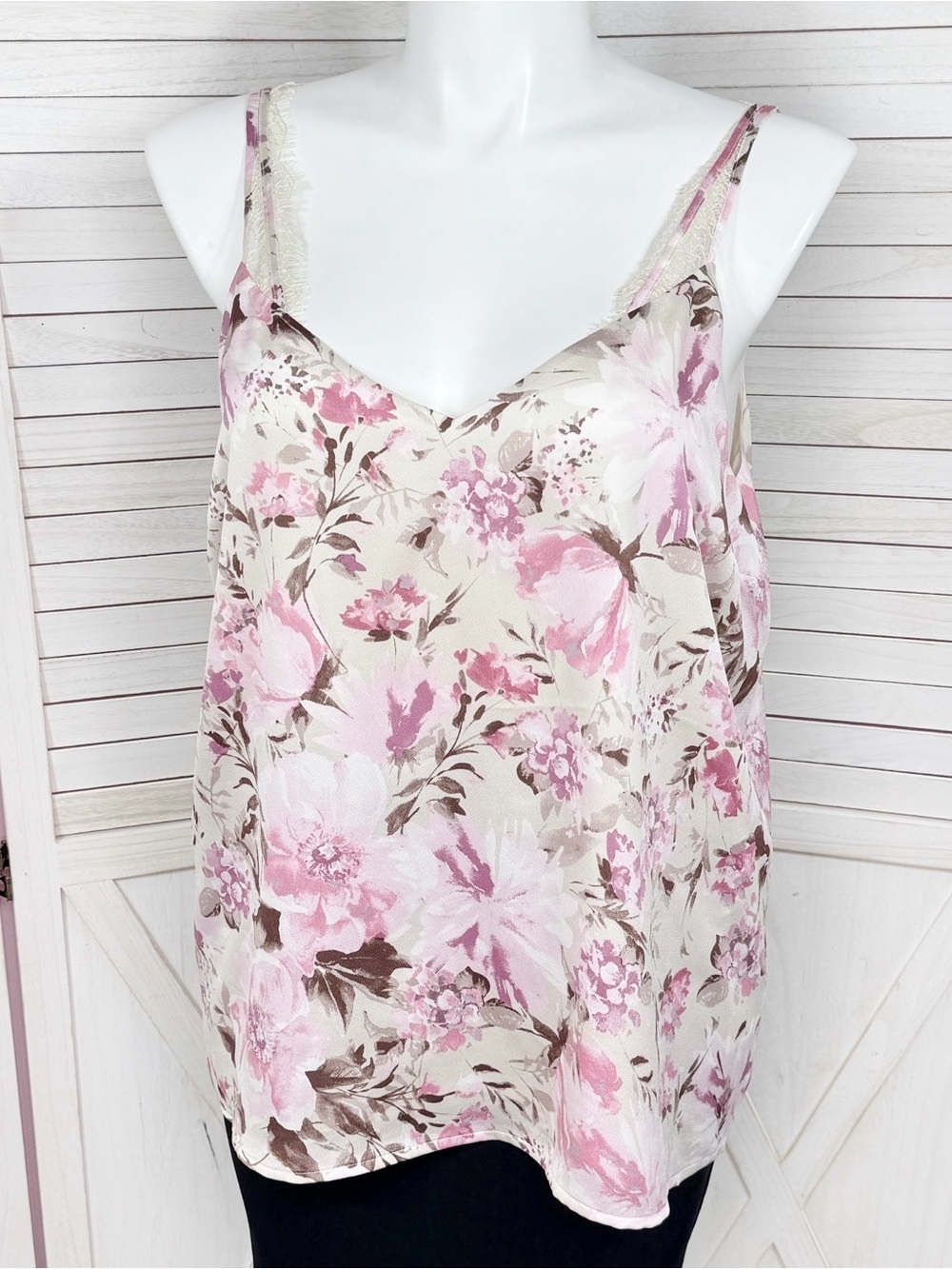 Express Floral Satin Lace Trim Camisole Top Cream Pink XL Coquette Romantic
